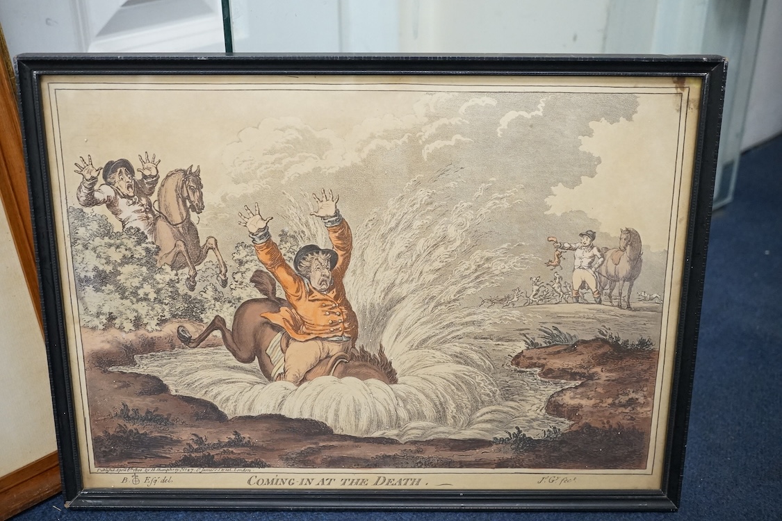 After James Gilray (1756-1815), pair of satirical aquatints, comprising 'Coming in at the death' and 'Hounds in full cry', published 8th April 1800 by H. Humphrey, London, 24 x 34cm. Condition - fair